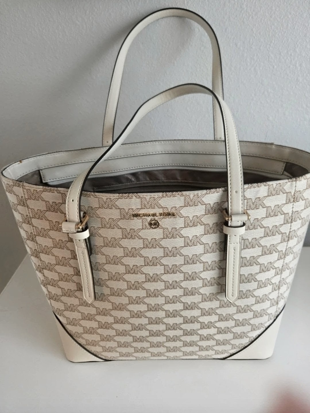 Michael Kors Aria Large Logo Jacquard Tote Bag Cream White Trim